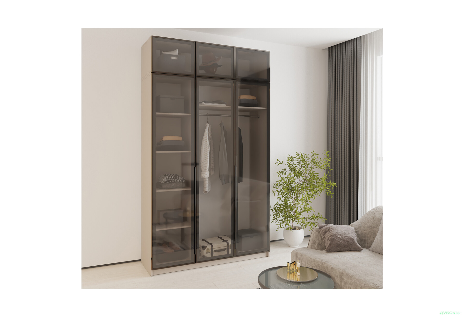 Зображення 2 - Шафа MebelStar Оскар 3-дверна з антресоллю та вітринами 150 см Кашемір