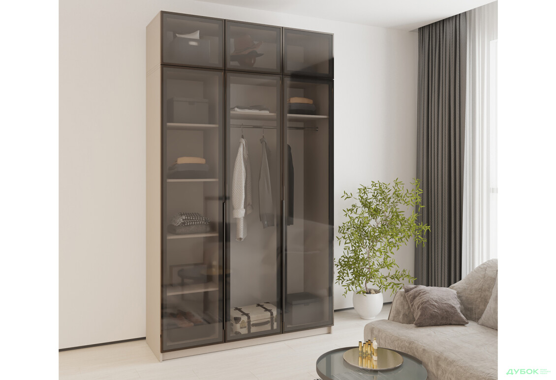 Зображення 2 - Шафа MebelStar Оскар 3-дверна з антресоллю та вітринами 150 см Кашемір