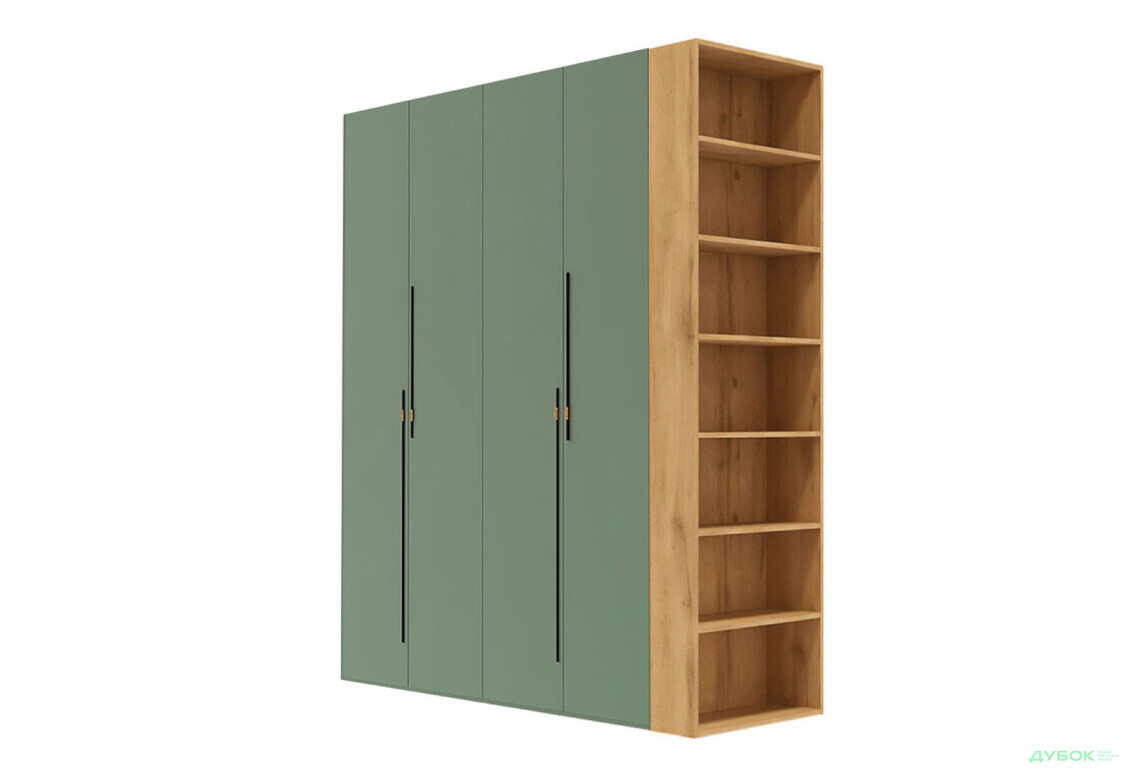 Шафа Світ Меблів Спейс чотиридверна з боковими полицями 180х220х57 см, дуб аппалачі / зелений димчастий
