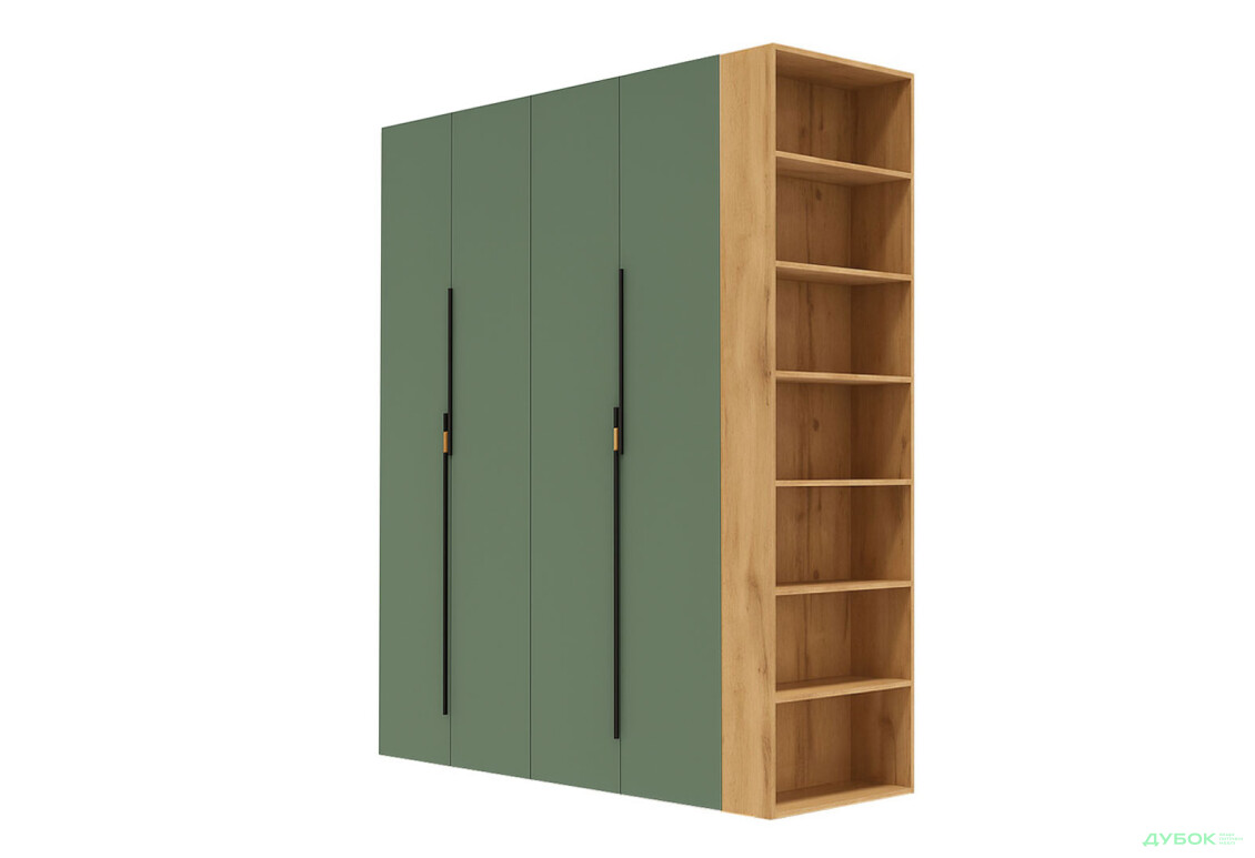 Шафа Світ Меблів Спейс чотиридверна з боковими полицями 180х220х57 см, дуб аппалачі / зелений димчастий - Зображення 1 Зображення 1 - Шафа Світ Меблів Спейс чотиридверна з боковими полицями 180х220х57 см, дуб аппалачі / зелений димчастий