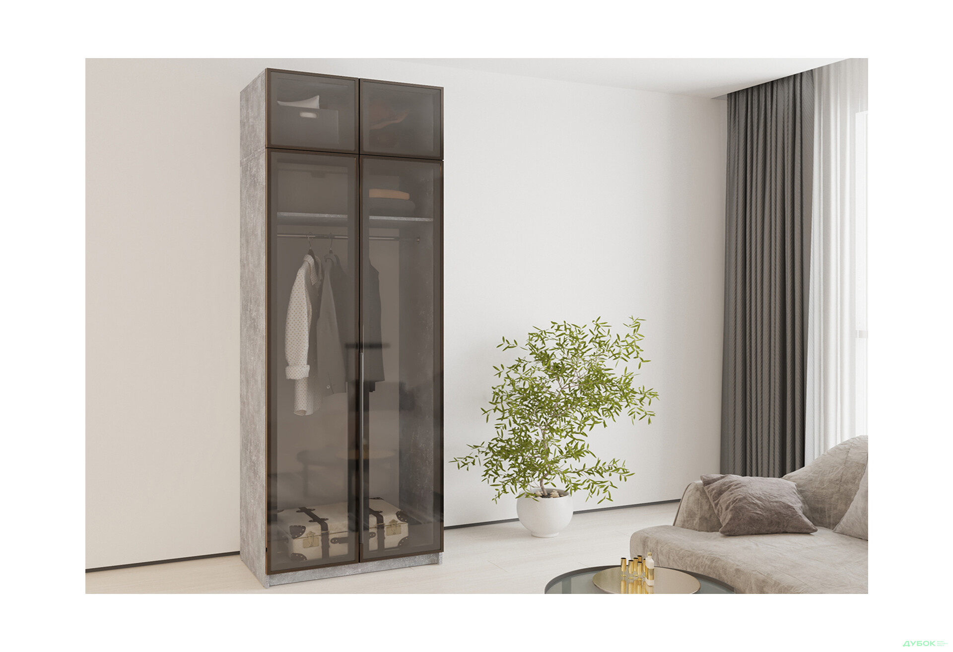 Изображение 2 - Шкаф Мебель Стар Оскар 2-дверный с антресолью и витринами 100 см Бетон