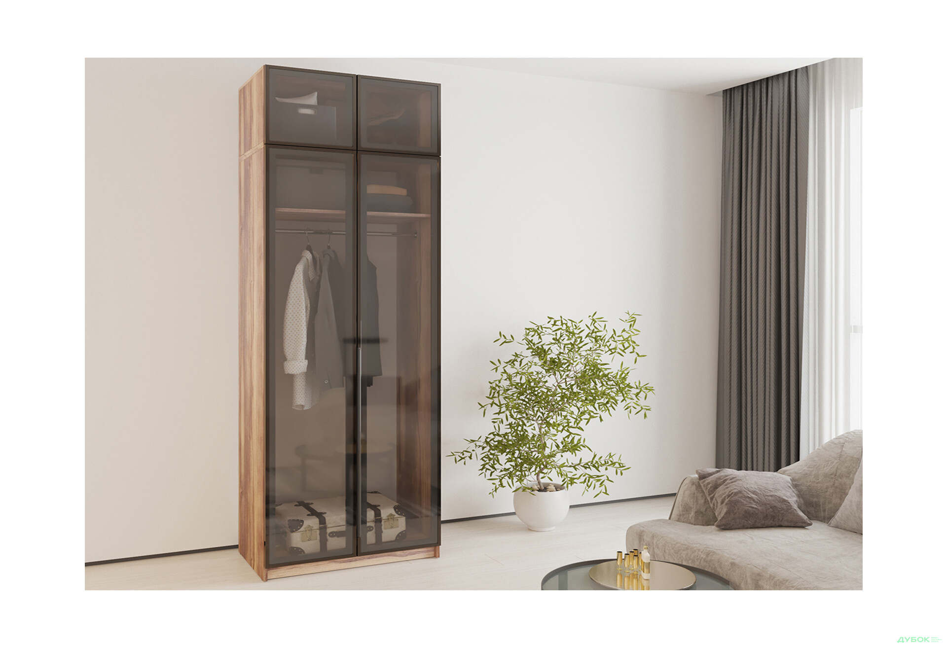 Шафа MebelStar Оскар 2-дверна з антресоллю та вітринами 100 см Дуб бурштиновий - Зображення 2 Зображення 2 - Шафа MebelStar Оскар 2-дверна з антресоллю та вітринами 100 см Дуб бурштиновий