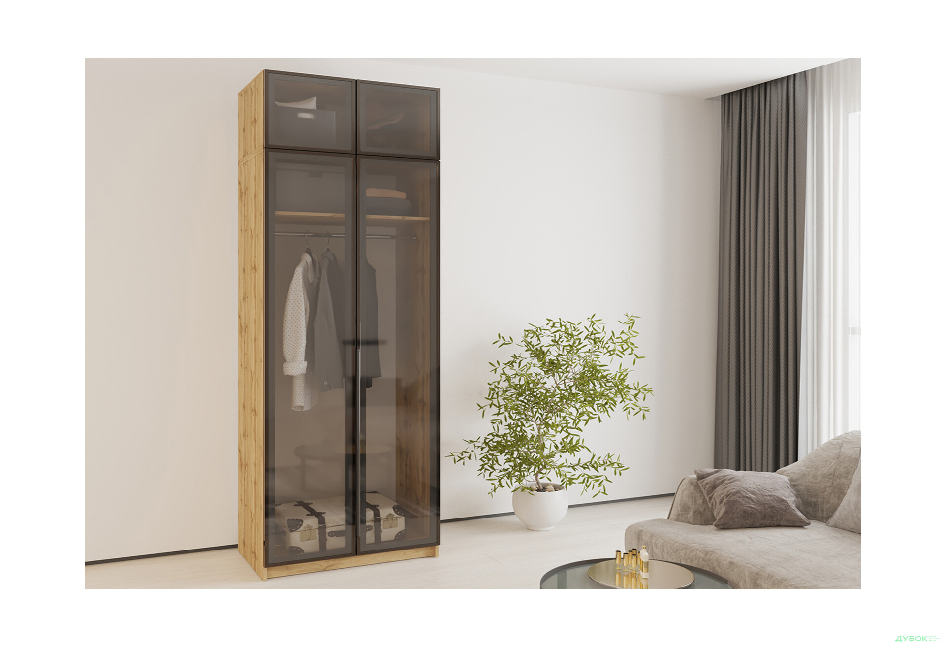 Шафа MebelStar Оскар 2-дверна з антресоллю та вітринами 100 см Дуб тахо - Зображення 2 Зображення 2 - Шафа MebelStar Оскар 2-дверна з антресоллю та вітринами 100 см Дуб тахо