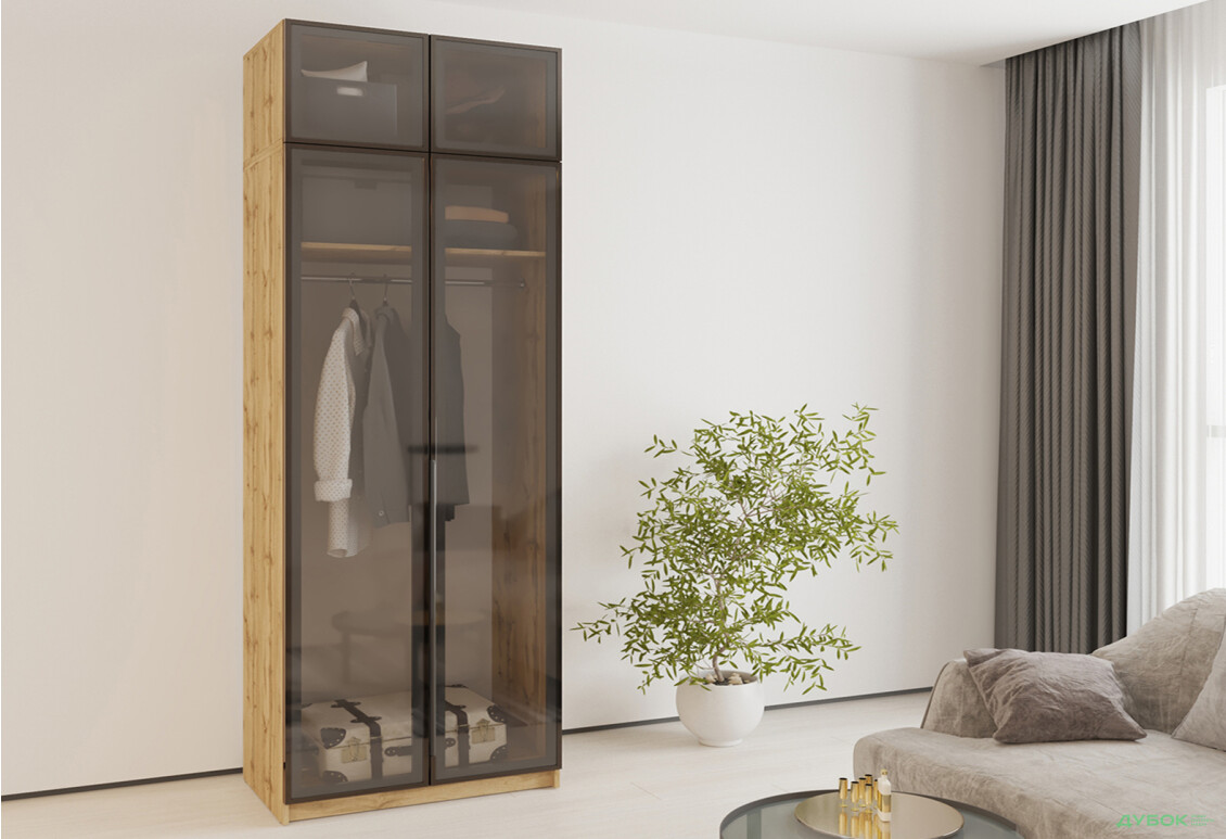 Шафа MebelStar Оскар 2-дверна з антресоллю та вітринами 100 см Дуб тахо - Зображення 2 Зображення 2 - Шафа MebelStar Оскар 2-дверна з антресоллю та вітринами 100 см Дуб тахо