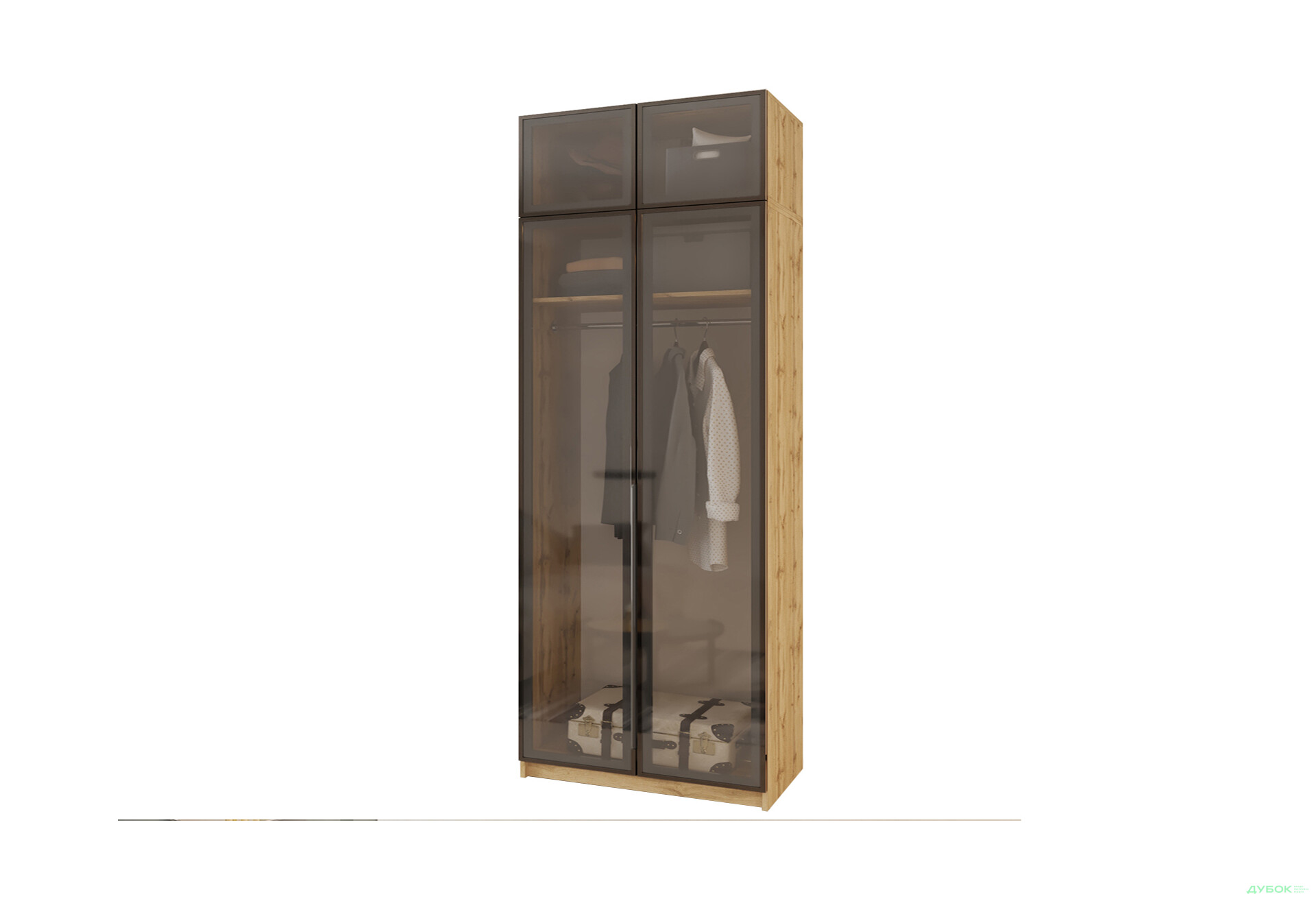 Шафа MebelStar Оскар 2-дверна з антресоллю та вітринами 100 см Дуб тахо - Зображення 1 Зображення 1 - Шафа MebelStar Оскар 2-дверна з антресоллю та вітринами 100 см Дуб тахо