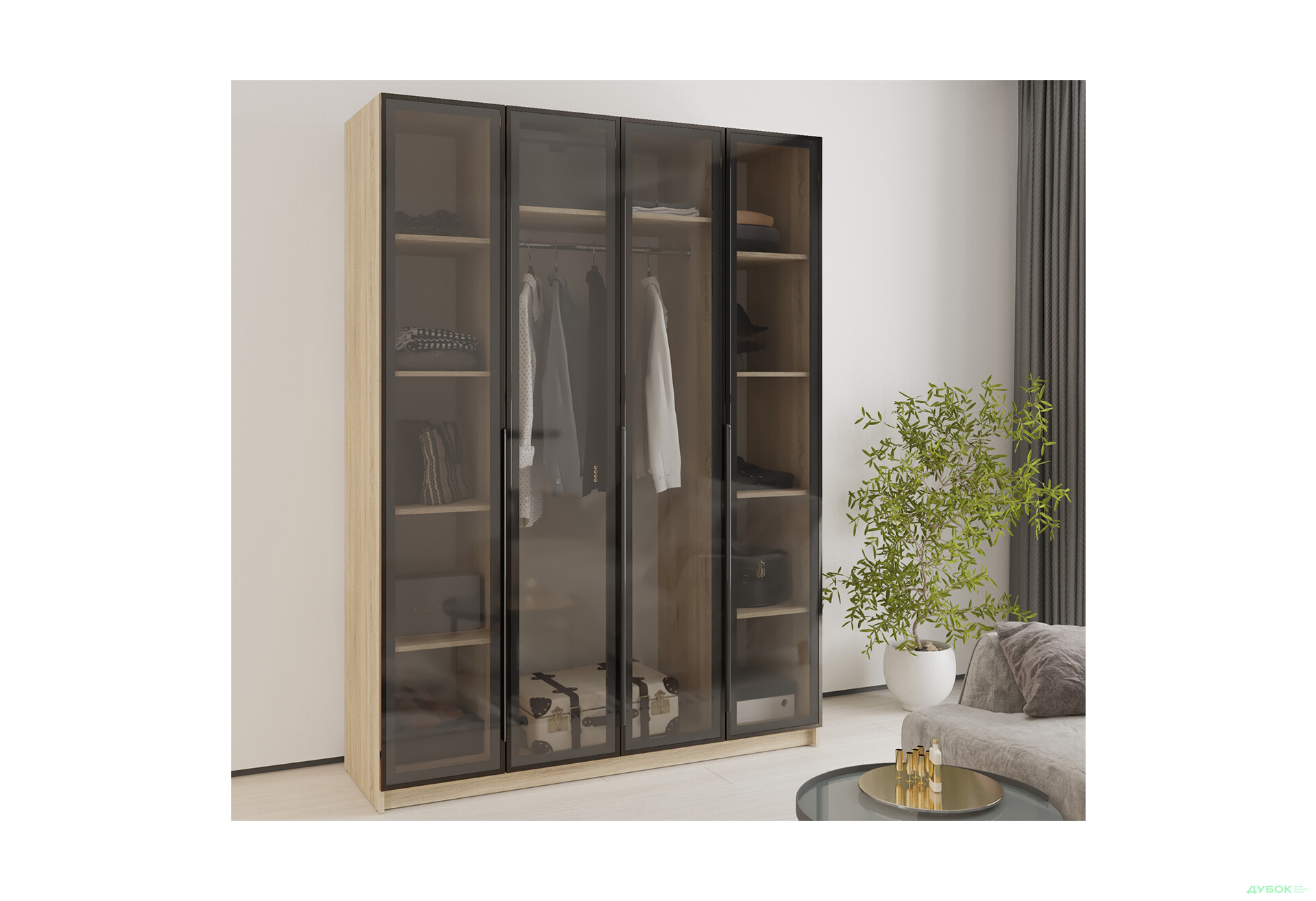 Шафа MebelStar Оскар 4-дверна з вітринами 160 см Дуб сонома - Зображення 2 Зображення 2 - Шафа MebelStar Оскар 4-дверна з вітринами 160 см Дуб сонома