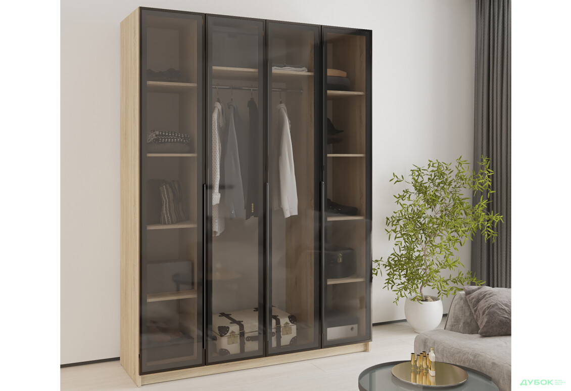 Шафа MebelStar Оскар 4-дверна з вітринами 160 см Дуб сонома - Зображення 2 Зображення 2 - Шафа MebelStar Оскар 4-дверна з вітринами 160 см Дуб сонома