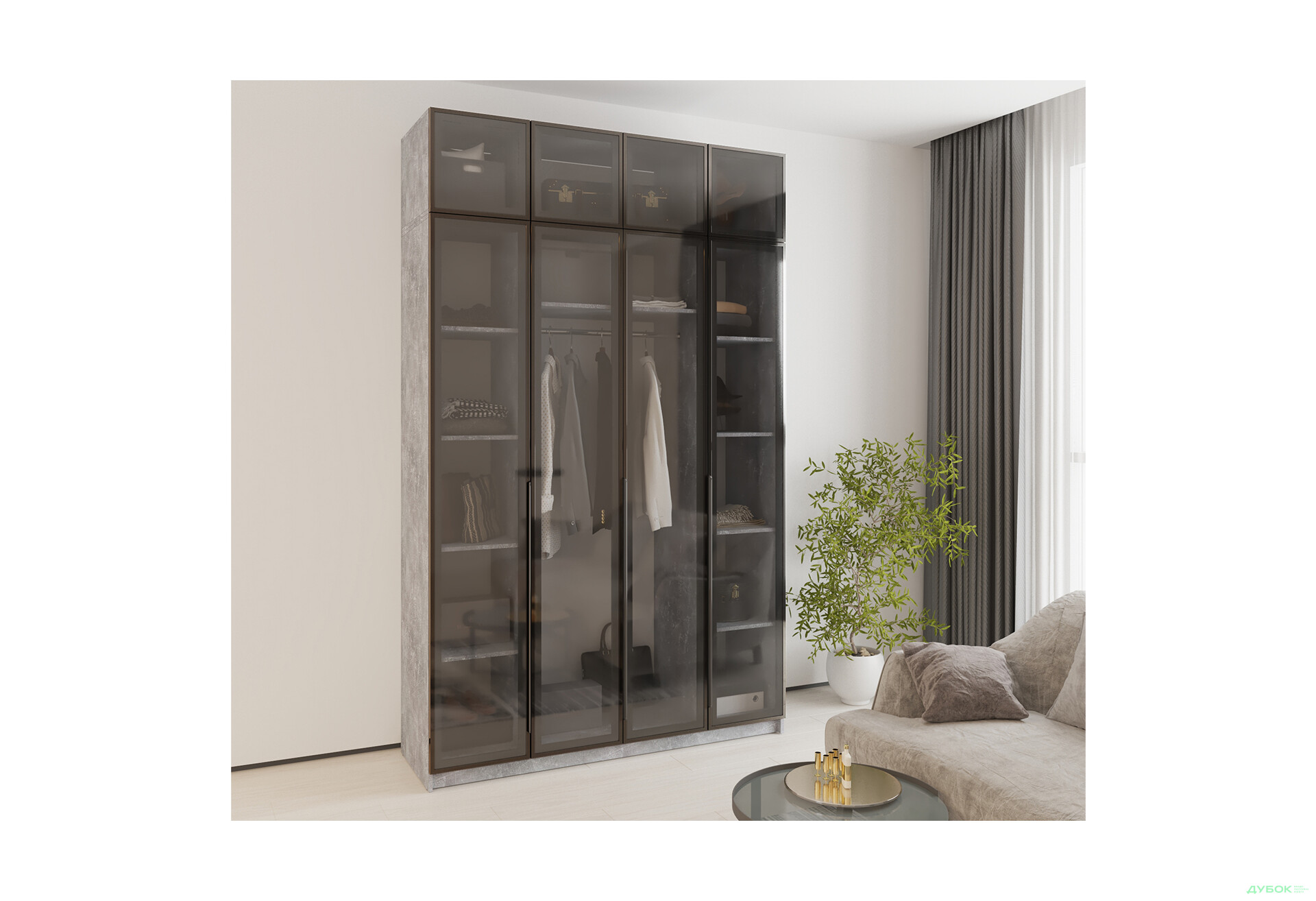 Зображення 2 - Шафа MebelStar Оскар 4-дверна з антресоллю та вітринами 160 см Бетон