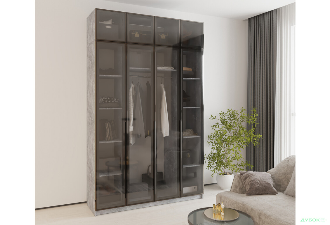 Шафа MebelStar Оскар 4-дверна з антресоллю та вітринами 160 см Бетон - Зображення 2 Зображення 2 - Шафа MebelStar Оскар 4-дверна з антресоллю та вітринами 160 см Бетон