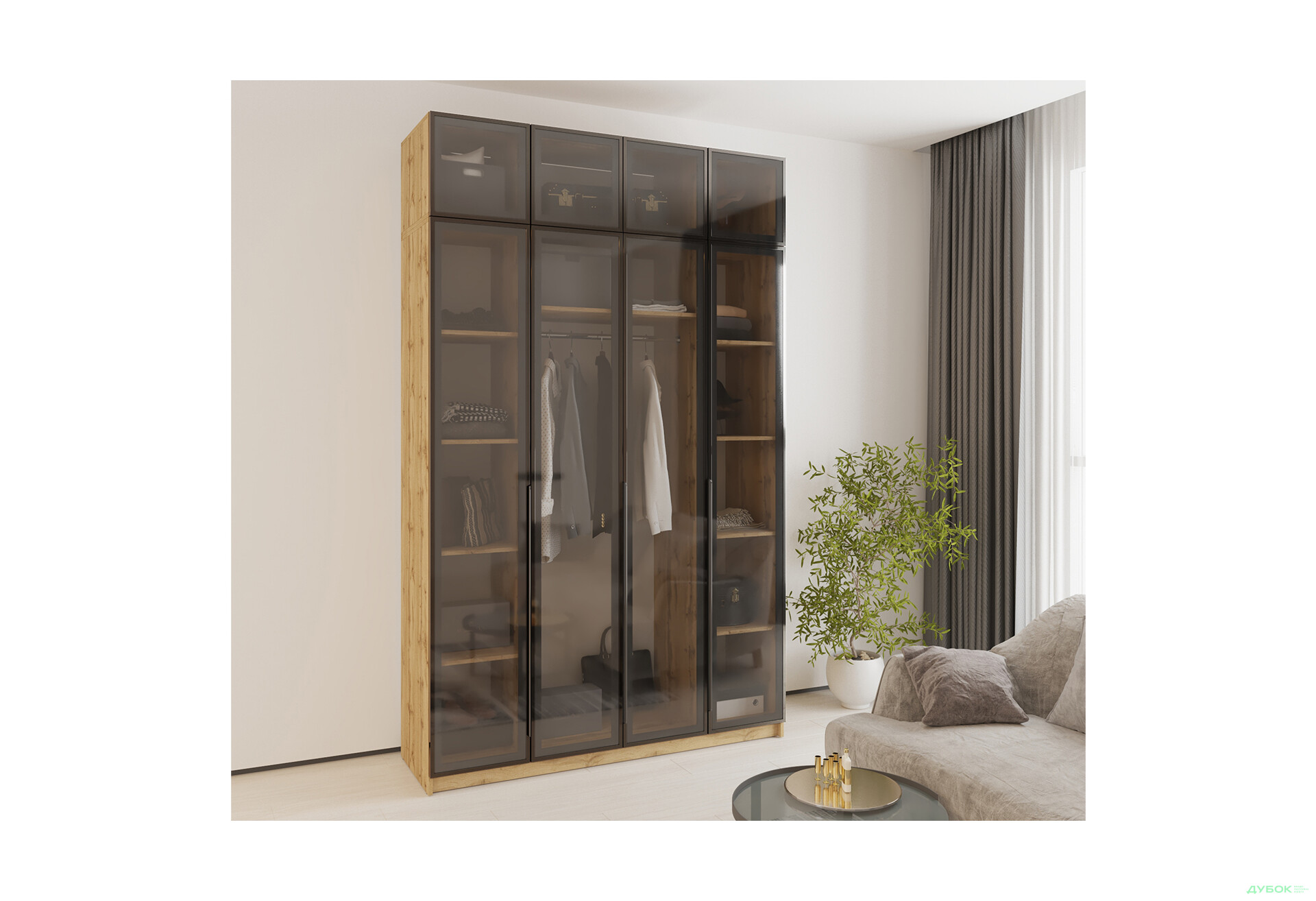 Шафа MebelStar Оскар 4-дверна з антресоллю та вітринами 160 см Дуб тахо - Зображення 2 Зображення 2 - Шафа MebelStar Оскар 4-дверна з антресоллю та вітринами 160 см Дуб тахо