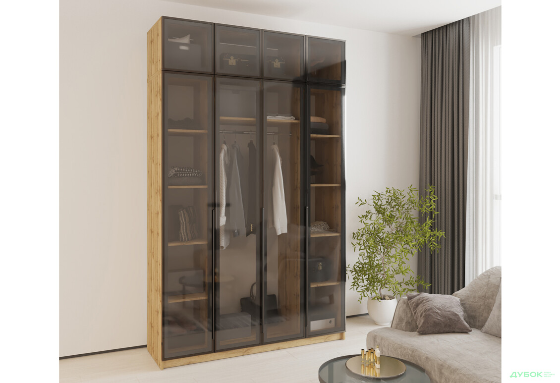 Шафа MebelStar Оскар 4-дверна з антресоллю та вітринами 160 см Дуб тахо - Зображення 2 Зображення 2 - Шафа MebelStar Оскар 4-дверна з антресоллю та вітринами 160 см Дуб тахо