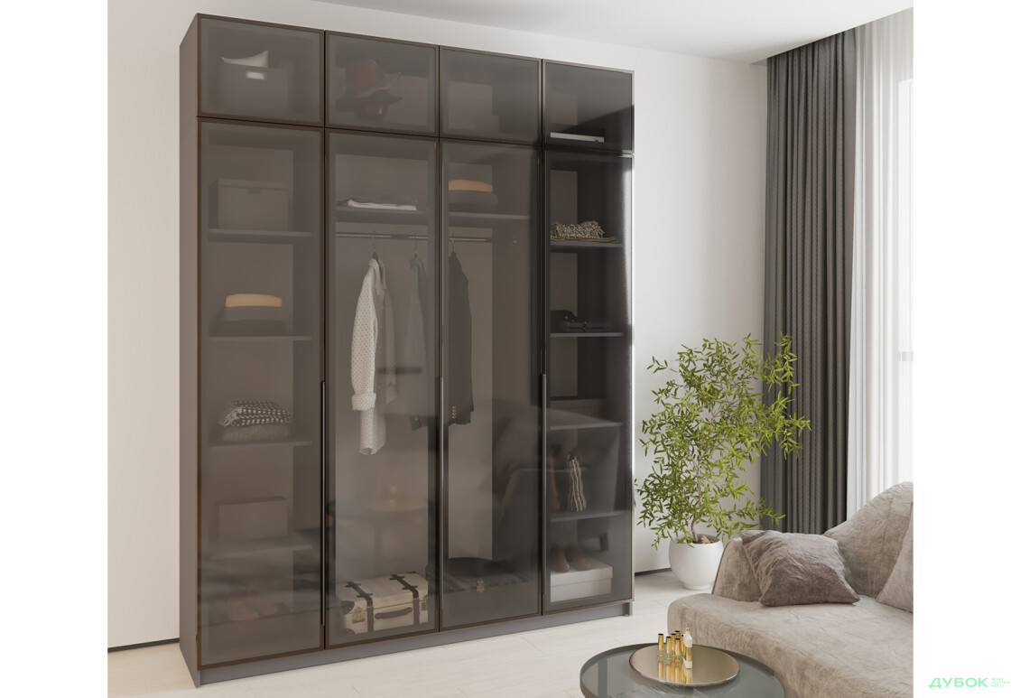 Зображення 2 - Шафа MebelStar Оскар 4-дверна з антресоллю та вітринами 200 см Антрацит