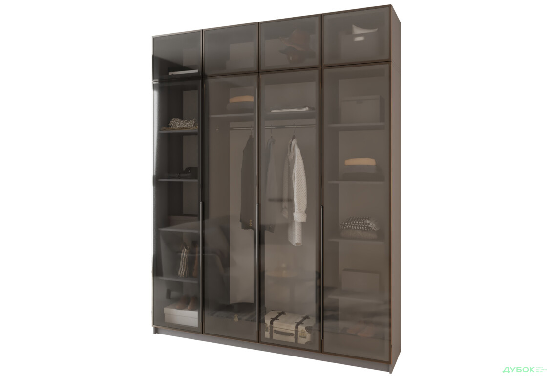 Шафа MebelStar Оскар 4-дверна з антресоллю та вітринами 200 см Антрацит