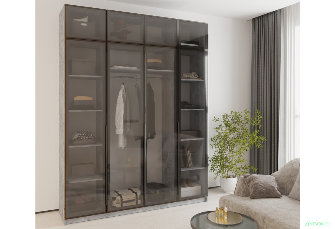 Изображение 2 - Шкаф Мебель Стар Оскар 4-дверный с антресолью и витринами 200 см Бетон