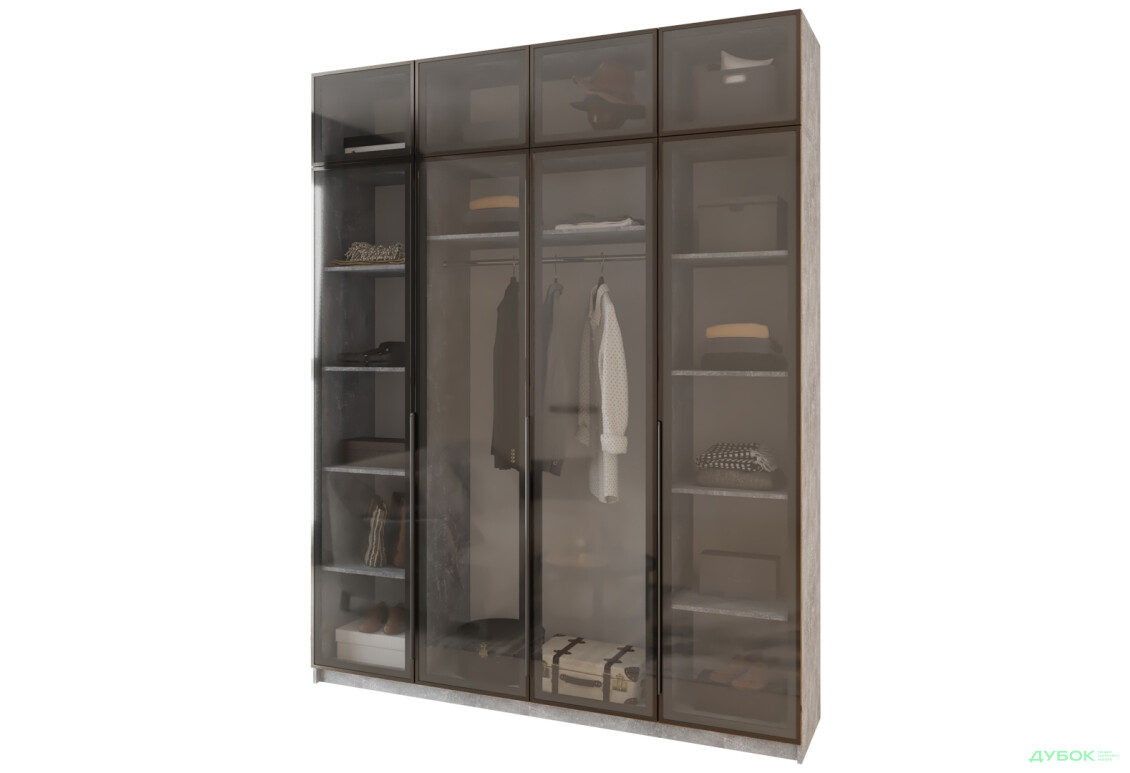 Шкаф Мебель Стар Оскар 4-дверный с антресолью и витринами 200 см Бетон