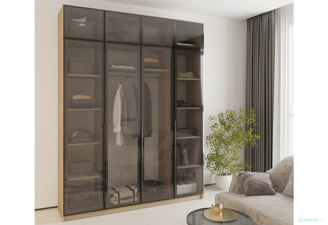 Зображення 2 - Шафа MebelStar Оскар 4-дверна з антресоллю та вітринами 200 см Дуб сонома