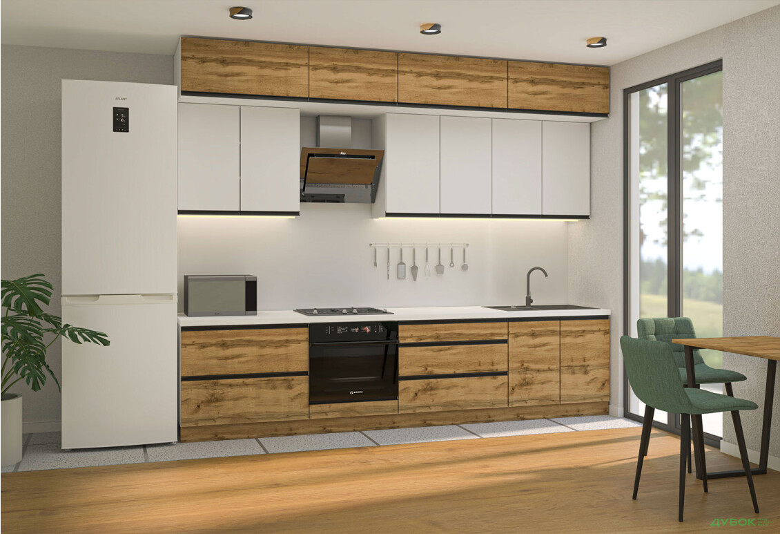 Кухня Вип-мастер ГаМа / GaMa Люкс 300 см, нимфея альба / дуб аппалачи