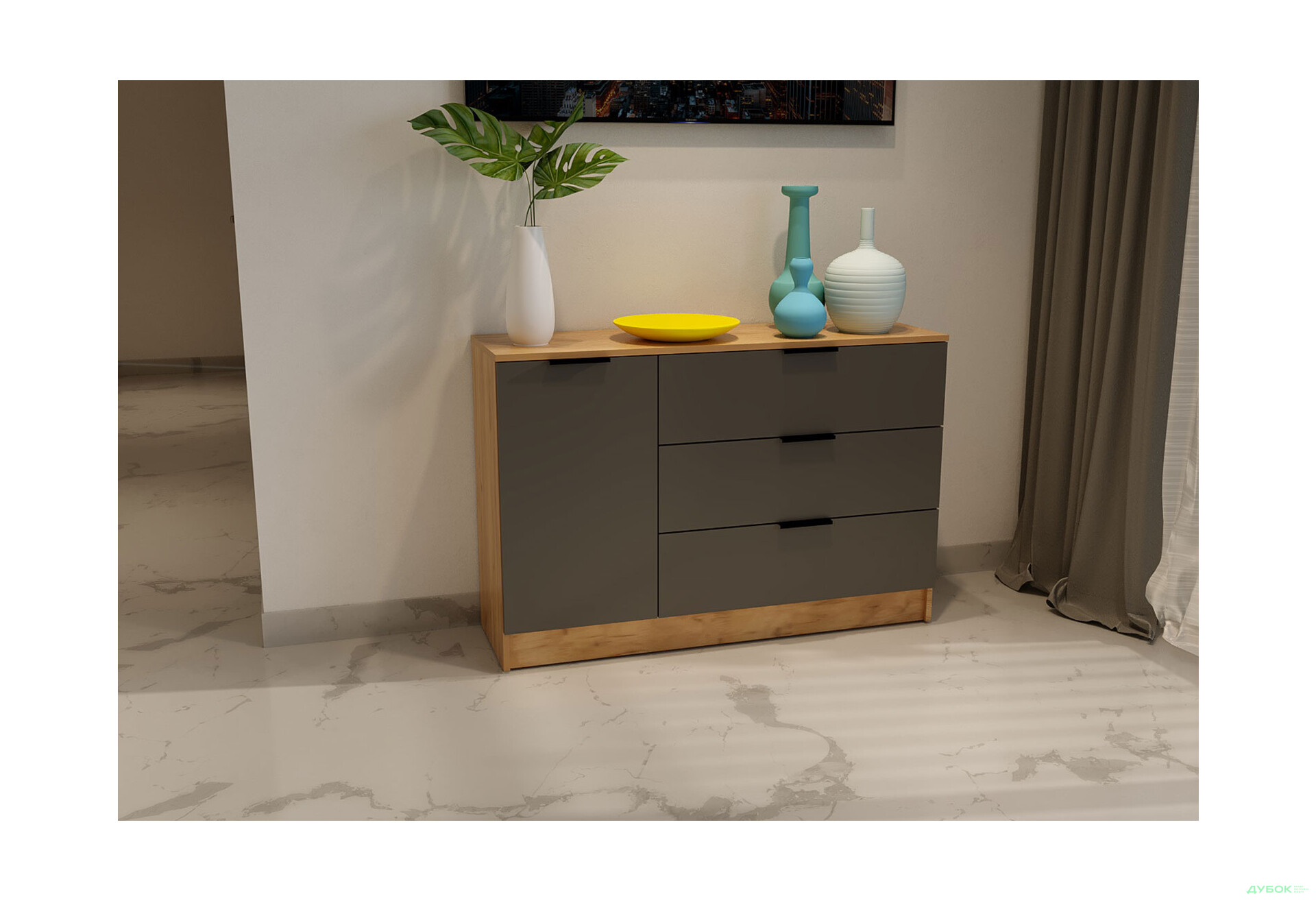 Изображение 2 - Комод Viant Сити 3 на 3 ящика и 1 дверку 120 см, дуб тахо / антрацит