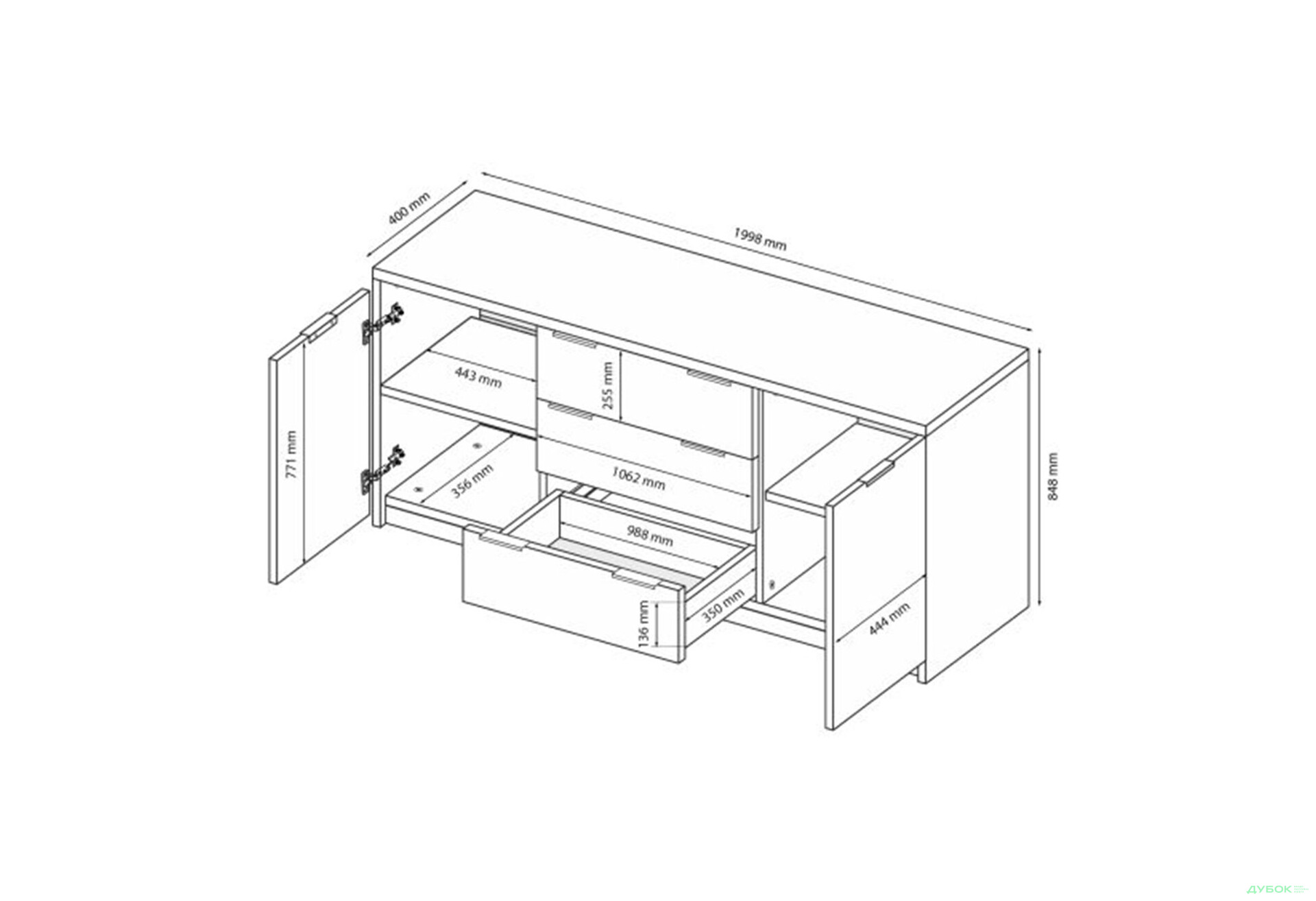Изображение 7 - Комод МироМарк Roma Color / Рома Колор с 2 дверками и 3 ящиками 200 см глянец белый