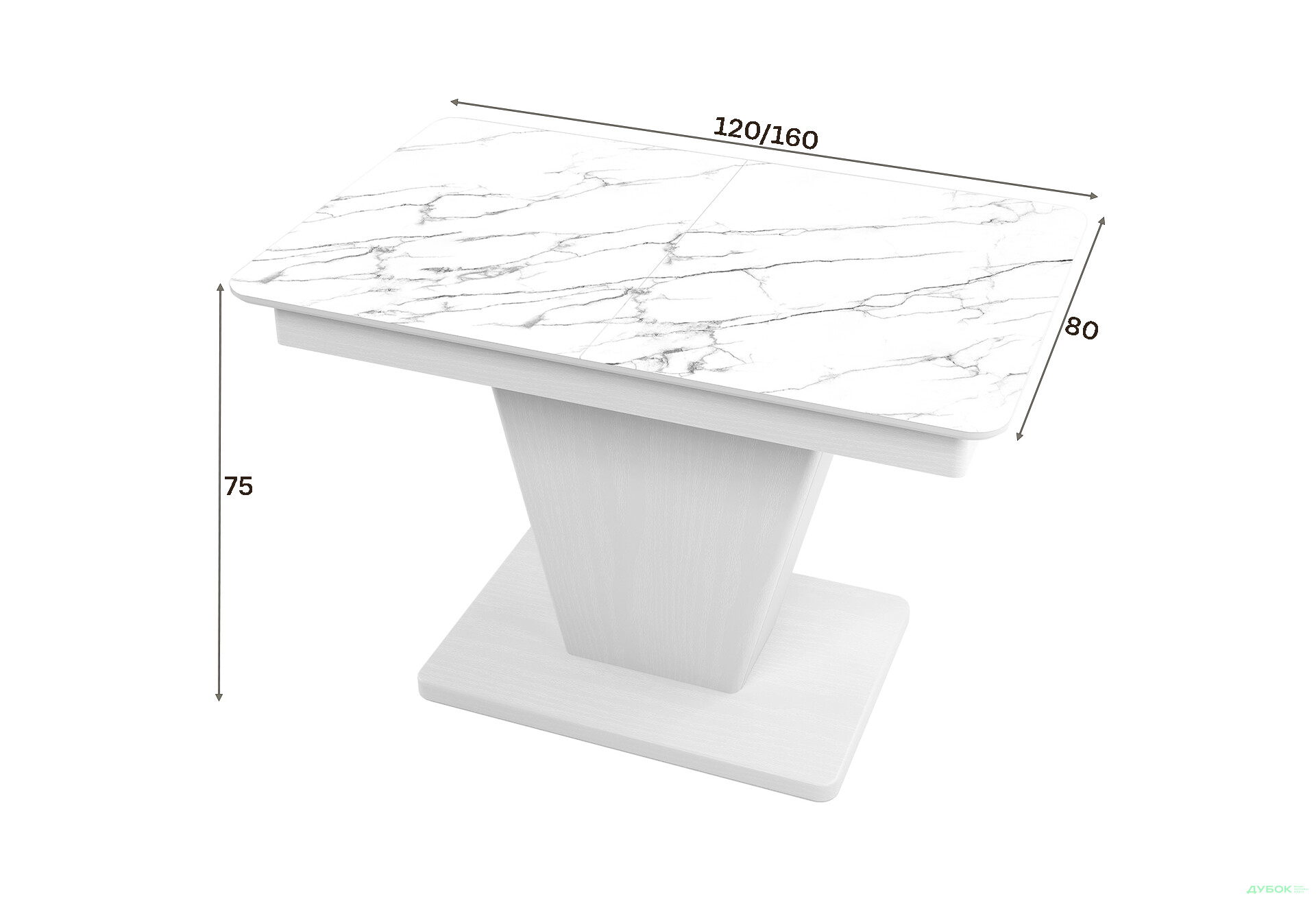 Зображення 3 - Стіл кухонний Jam Slide / Слайд розкладний 120 / 160 см, біле дерево / скло діамант 66 М