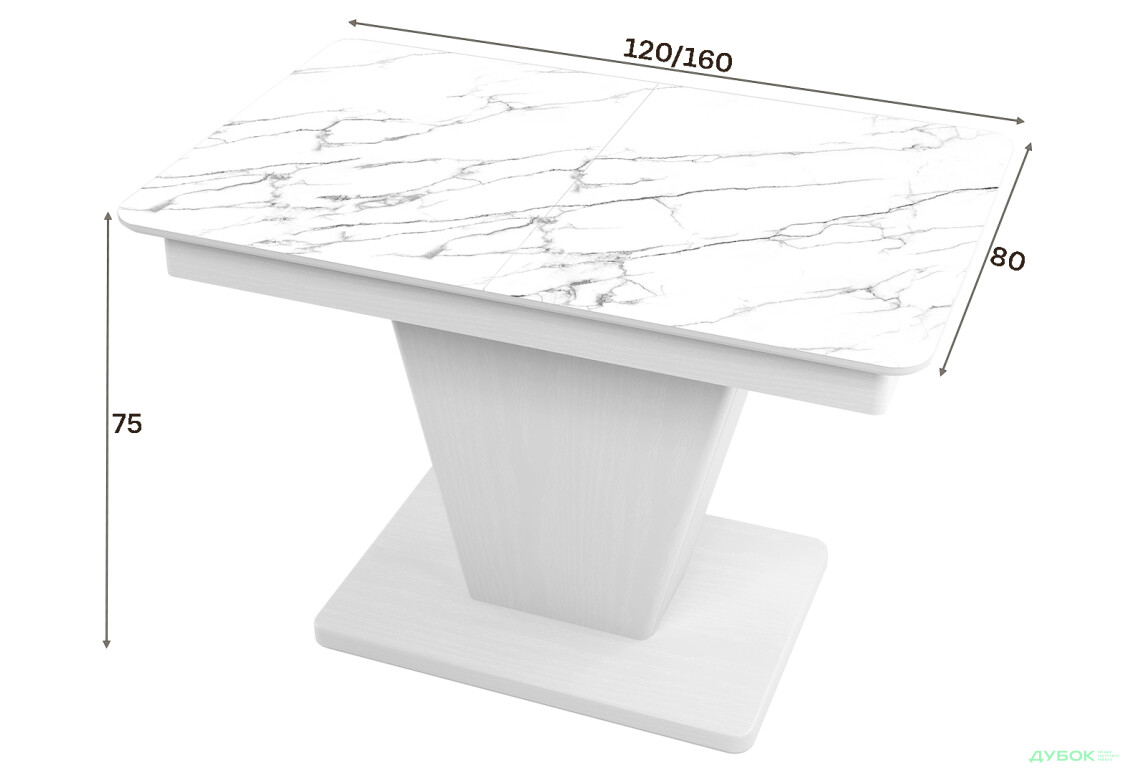 Зображення 3 - Стіл кухонний Jam Slide / Слайд розкладний 120 / 160 см, біле дерево / скло діамант 66 М