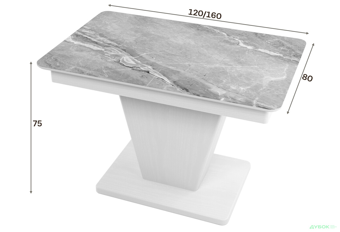 Зображення 3 - Стіл кухонний Jam Slide / Слайд розкладний 120 / 160 см, біле дерево / скло діамант 78 М