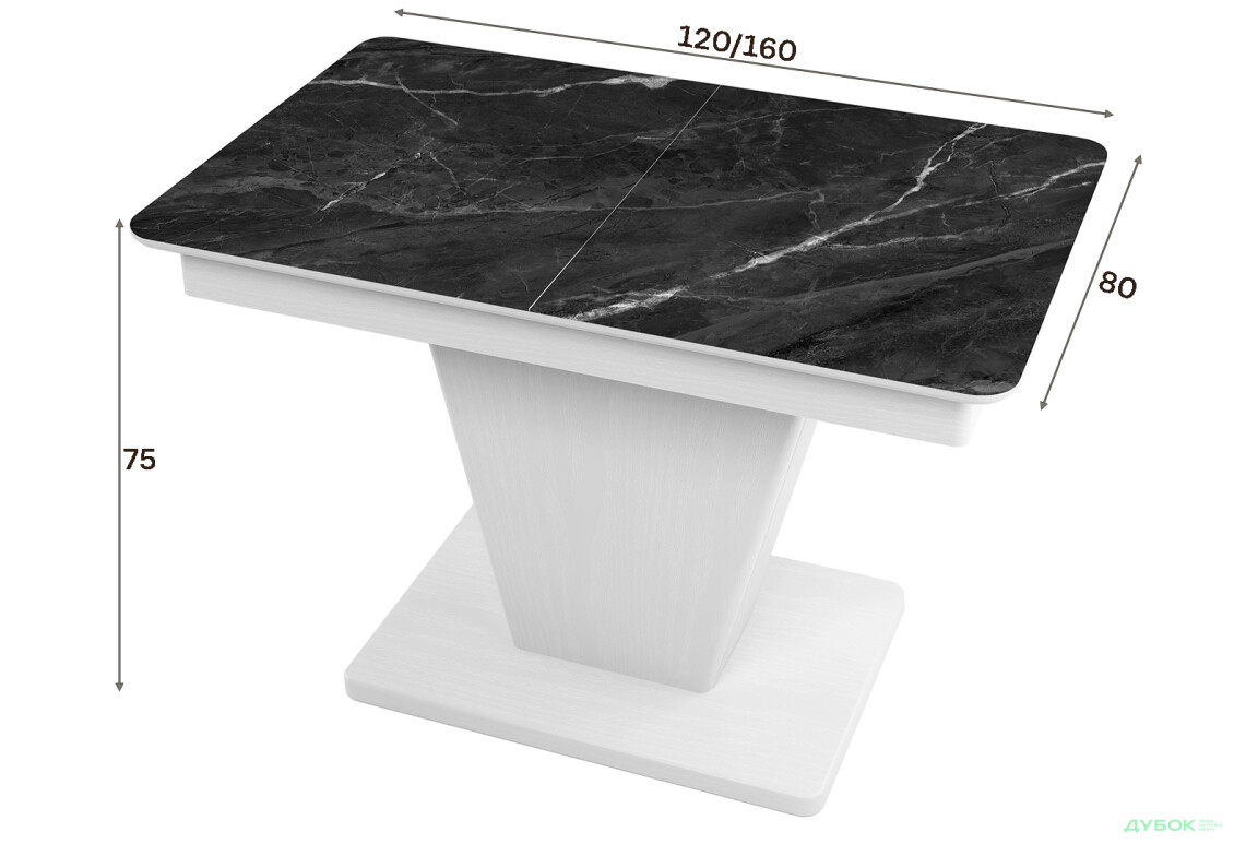 Зображення 3 - Стіл кухонний Jam Slide / Слайд розкладний 120 / 160 см, біле дерево / скло діамант 87 М