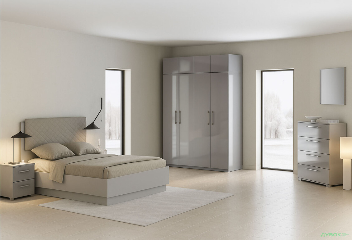 Спальня МироМарк Меги / Megy 4D с антресолями 160 см, глянец серый шиншилла