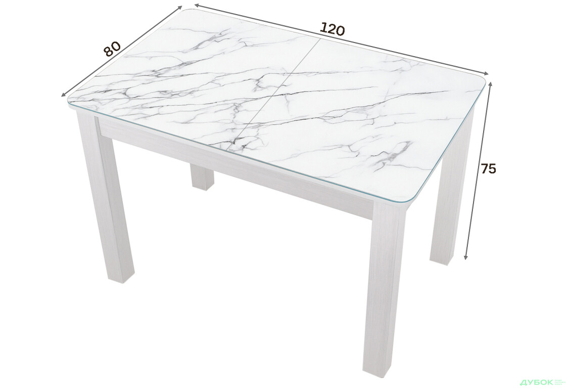 Зображення 4 - Стіл кухонний Jam Бостон А розкладний 120 / 155 см, біле дерево / скло діамант 66 М