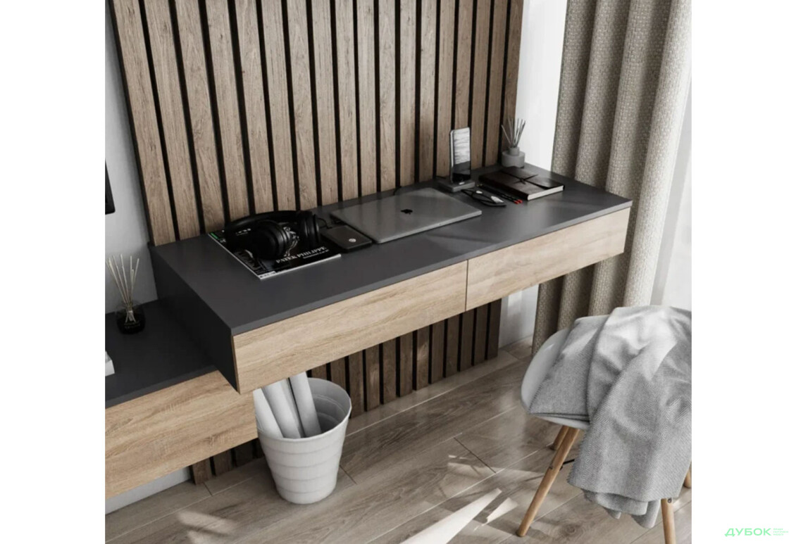 Стіл письмовий Moreli Т222 підвісний з 2 шухлядами 120x50 см антрацит / дуб сонома