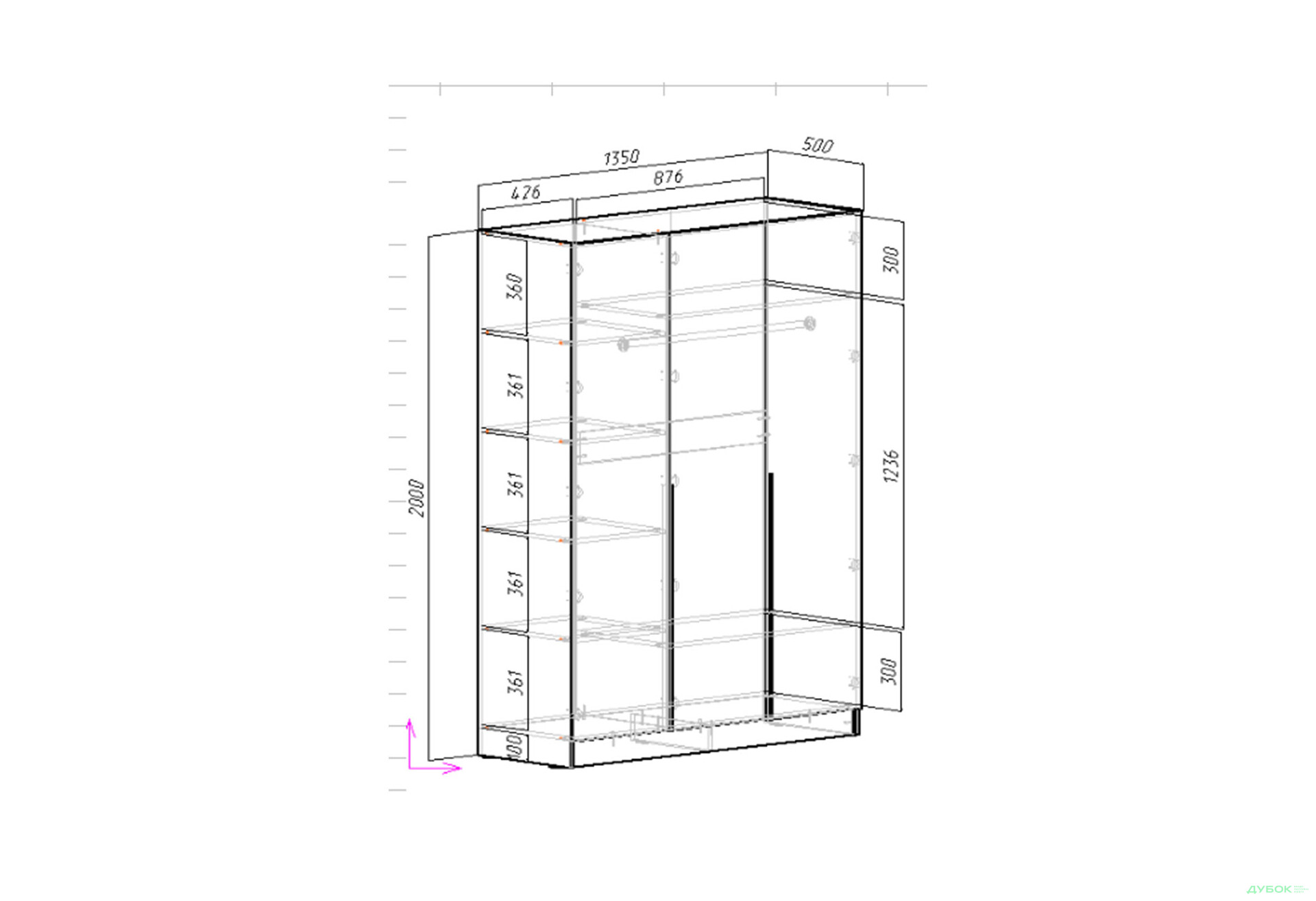 Зображення 4 - Шафа Viant АРС 3-дверна зі штангою та полицями 135 см, сірий / сірий RAL 7004
