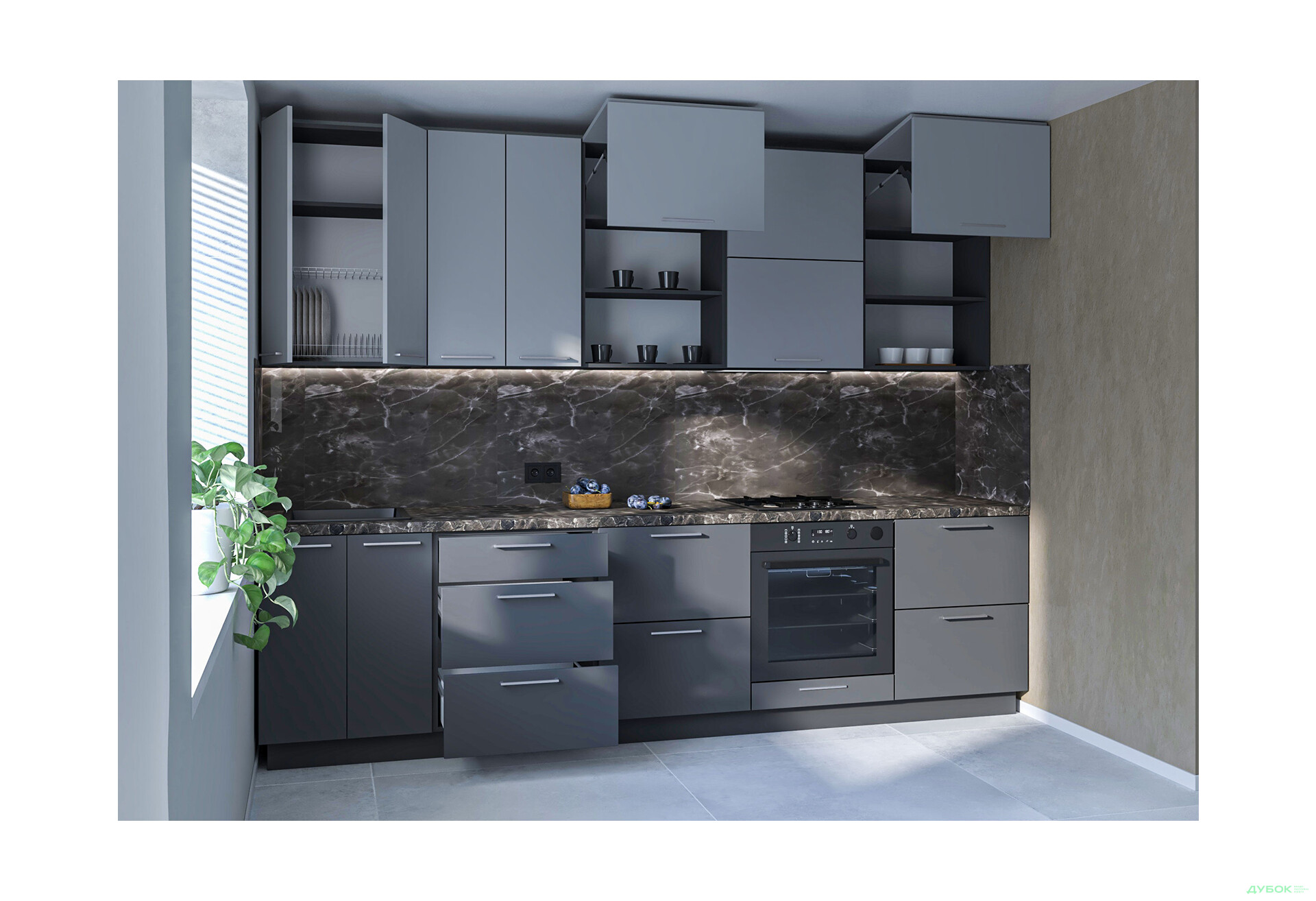 Зображення 2 - Кухня Мері / Mary 3.0 MiroMark Напівмат Сірий RAL 7036 / Напівмат Темно-Сірий RAL 7043, корп. антрацит