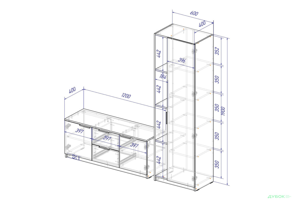 Изображение 4 - Гостиная Viant ВТ-4 с пеналом і стеллажом 180 см, белый / янтарь