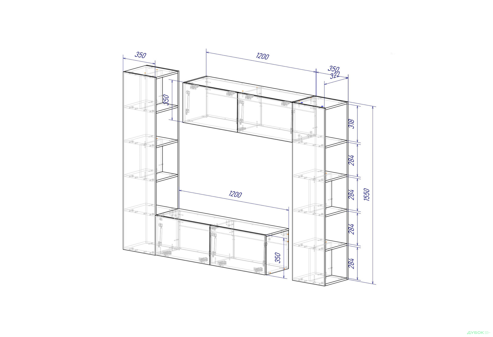 Зображення 5 - Вітальня Viant ВТ-1 з тумбою і пеналом з полицями 220 см, антрацит
