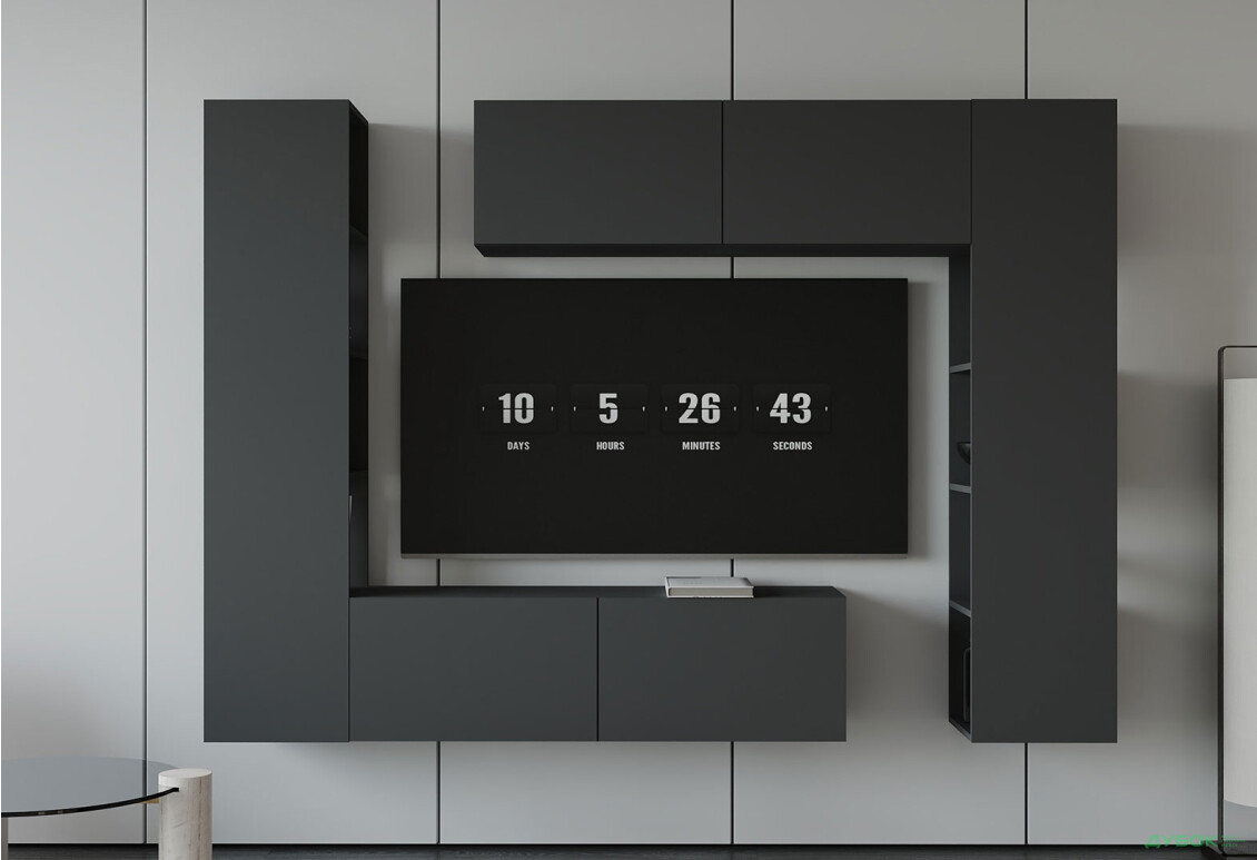 Зображення 2 - Вітальня Viant ВТ-1 з тумбою і пеналом з полицями 220 см, антрацит