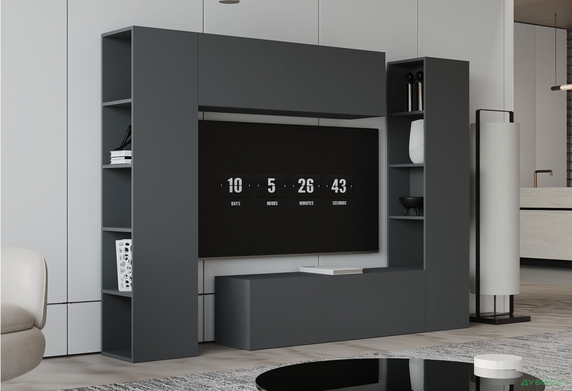 Вітальня Viant ВТ-1 з тумбою і пеналом з полицями 220 см, антрацит
