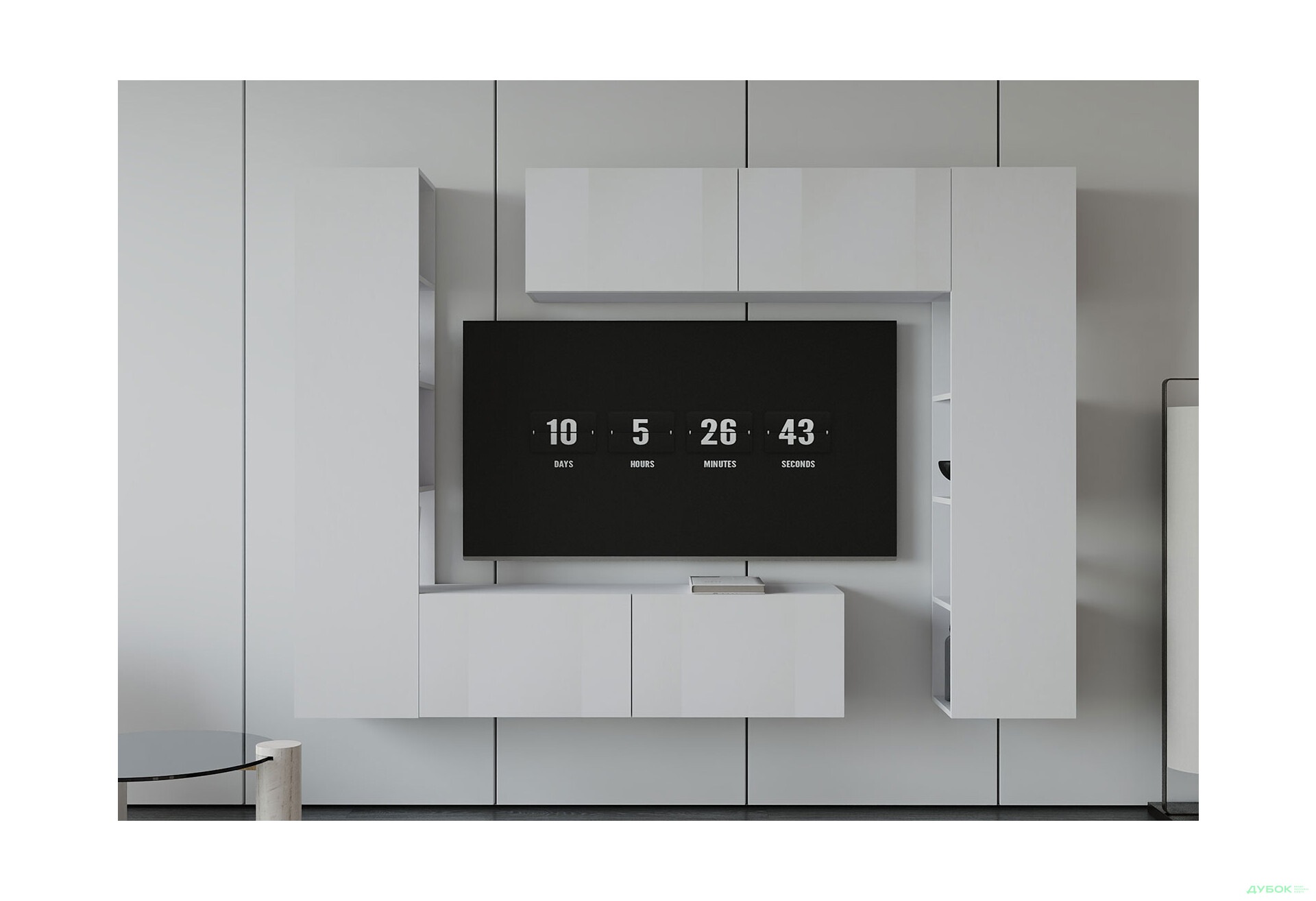 Зображення 1 - Вітальня Viant ВТ-1 з тумбою і пеналом з полицями 220 см, біла