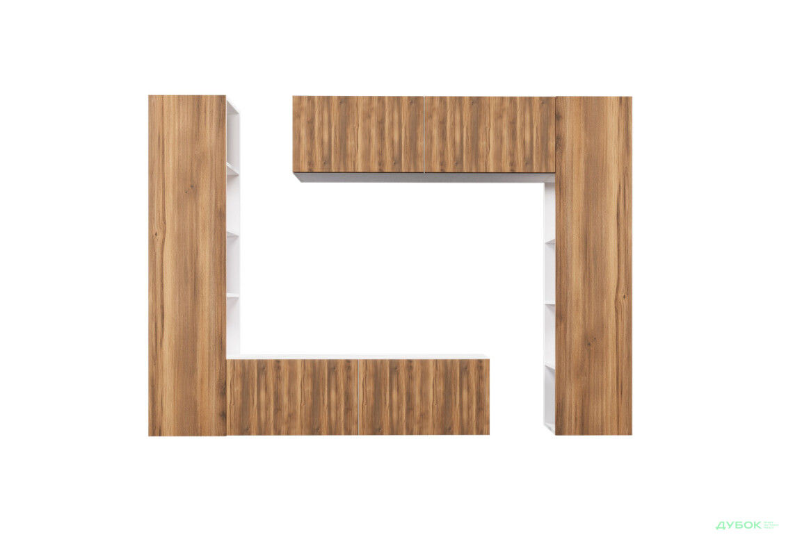 Зображення 3 - Вітальня Viant ВТ-1 з тумбою і пеналом з полицями 220 см, білий / бурштин