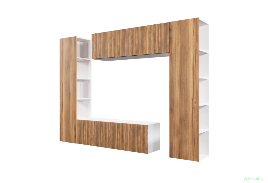 Зображення 2 - Вітальня Viant ВТ-1 з тумбою і пеналом з полицями 220 см, білий / бурштин