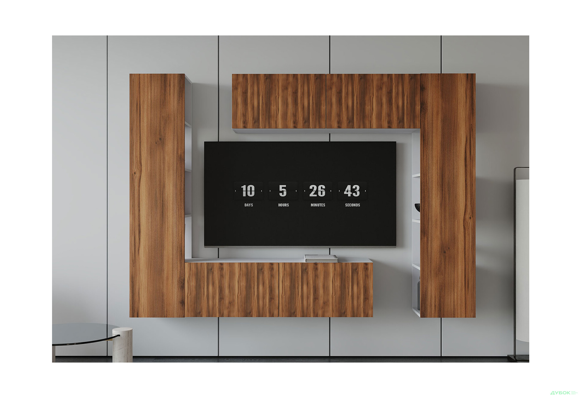 Зображення 1 - Вітальня Viant ВТ-1 з тумбою і пеналом з полицями 220 см, білий / бурштин