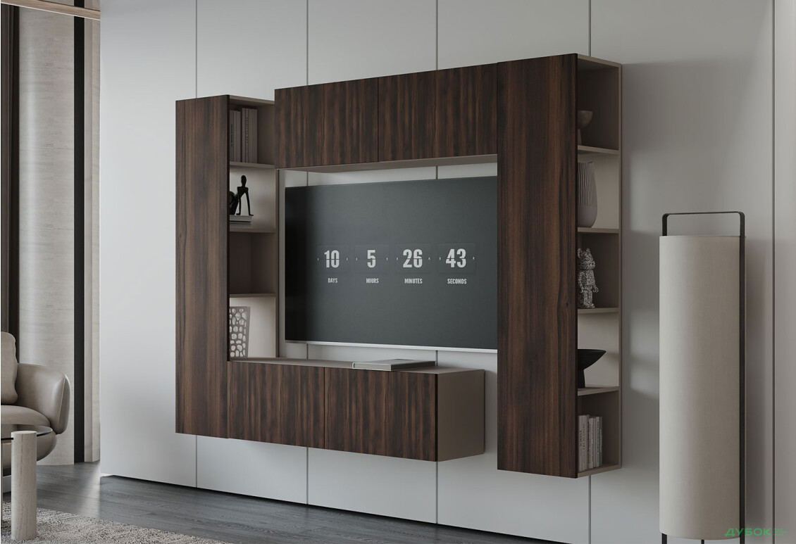 Вітальня Viant ВТ-1 з тумбою і пеналом з полицями 220 см, кашемір / дуб рістретто