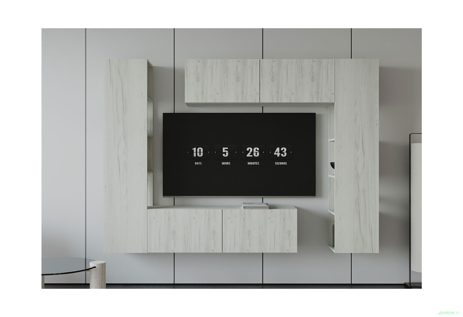 Зображення 1 - Вітальня Viant ВТ-1 з тумбою і пеналом з полицями 220 см, дуб крафт білий