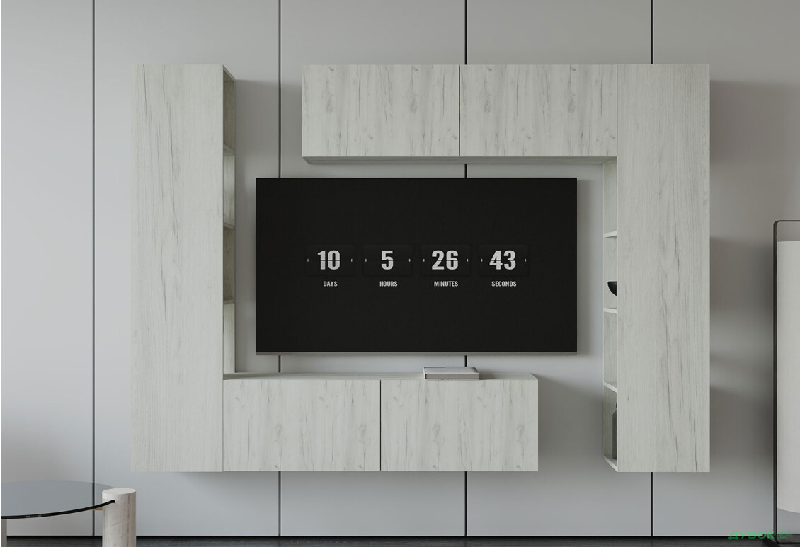 Вітальня Viant ВТ-1 з тумбою і пеналом з полицями 220 см, дуб крафт білий