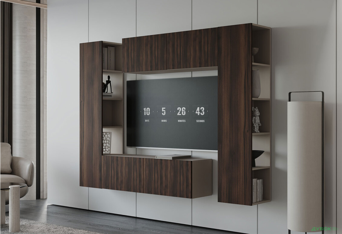 Вітальня Viant ВТ-1 з тумбою і пеналом з полицями 220 см, рістретто