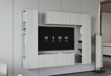 Вітальня Viant ВТ-1 з тумбою і пеналом з полицями 220 см, сірий / дуб крафт білий