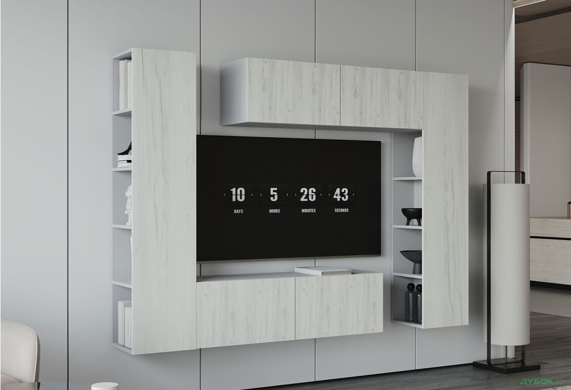 Вітальня Viant ВТ-1 з тумбою і пеналом з полицями 220 см, сірий / дуб крафт білий