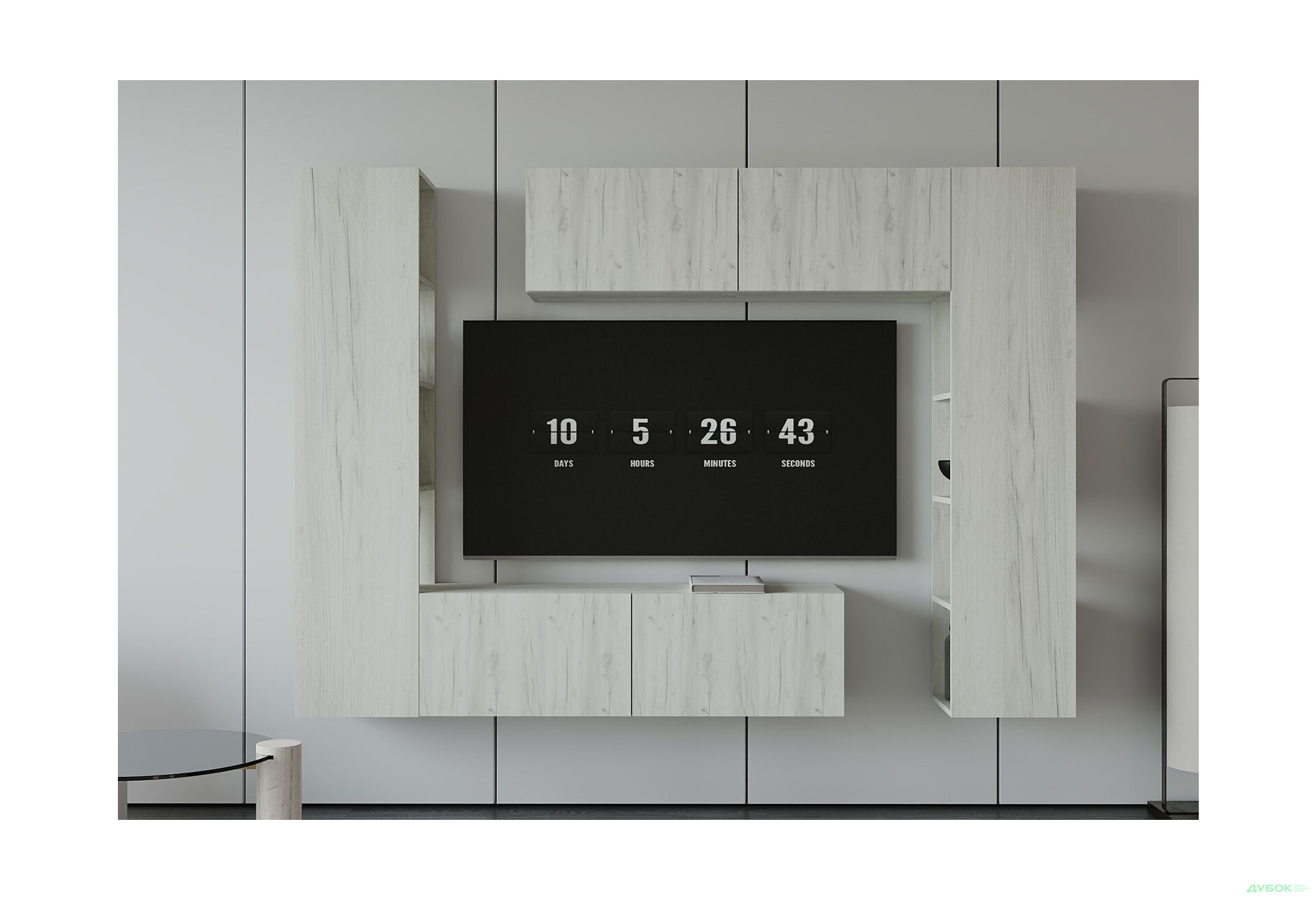 Зображення 2 - Вітальня Viant ВТ-1 з тумбою і пеналом з полицями 220 см, сірий / дуб крафт білий