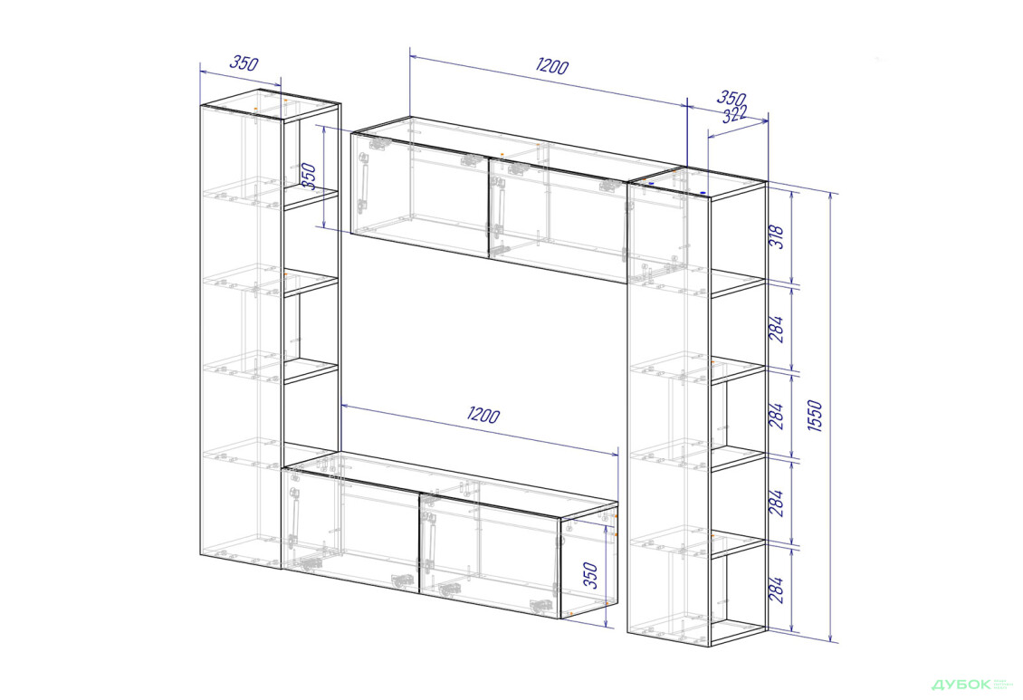 Зображення 4 - Вітальня Viant ВТ-1 з тумбою і пеналом з полицями 220 см, дуб тахо