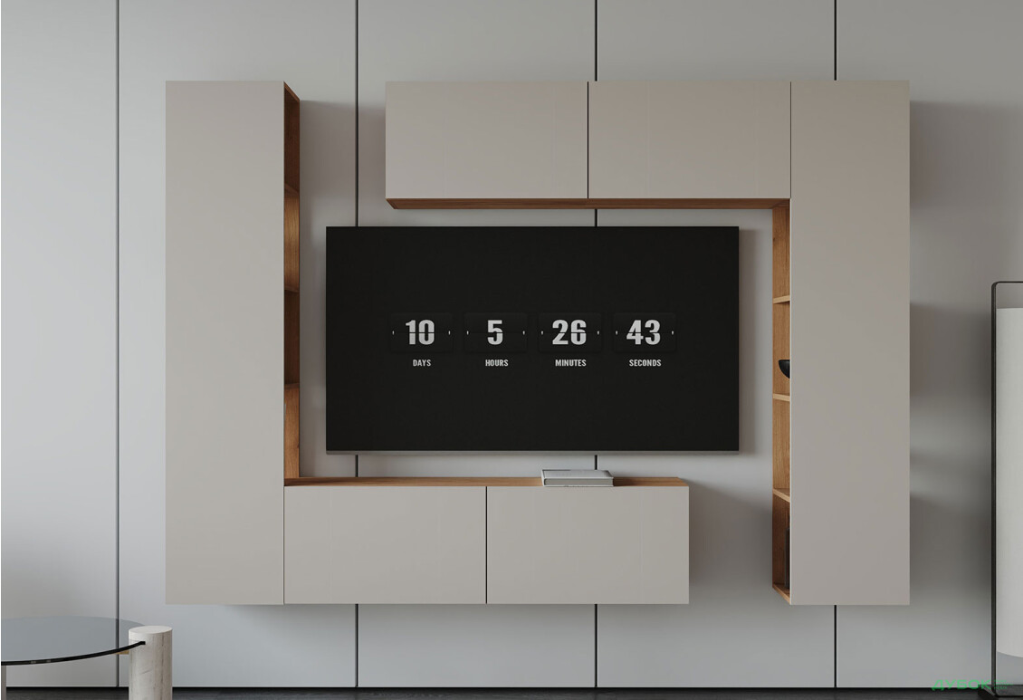 Вітальня Viant ВТ-1 з тумбою і пеналом з полицями 220 см, дуб тахо / кашемір