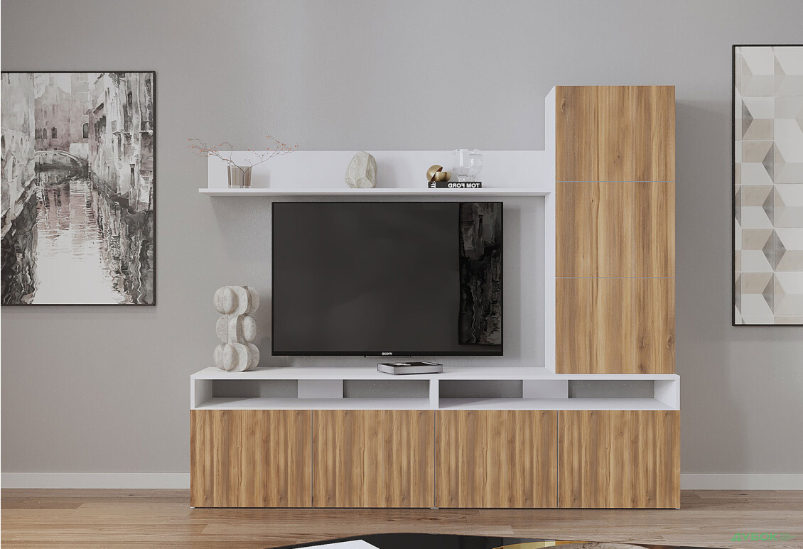 Гостиная Viant ВТ-3 с надставкой и полками 180 см, белый / янтарь